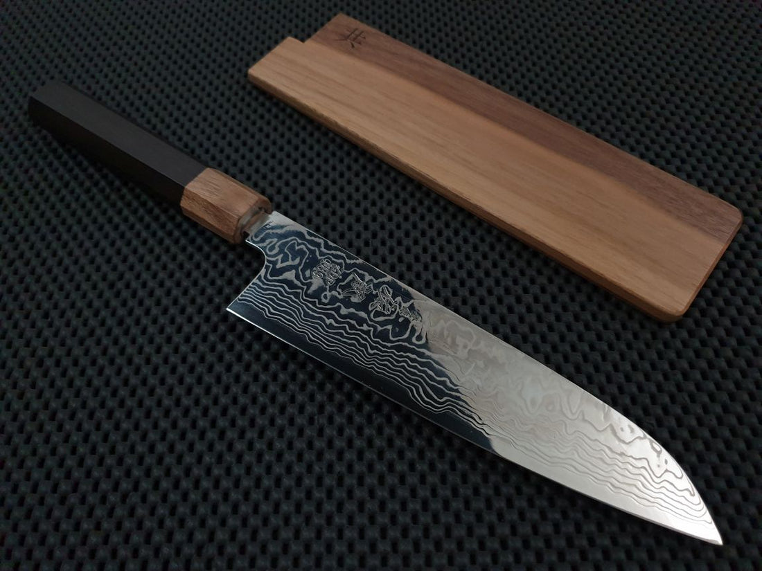 Sukenari ZDP Damascus | 195 Santoku Knife (Ebony) -w/Saya