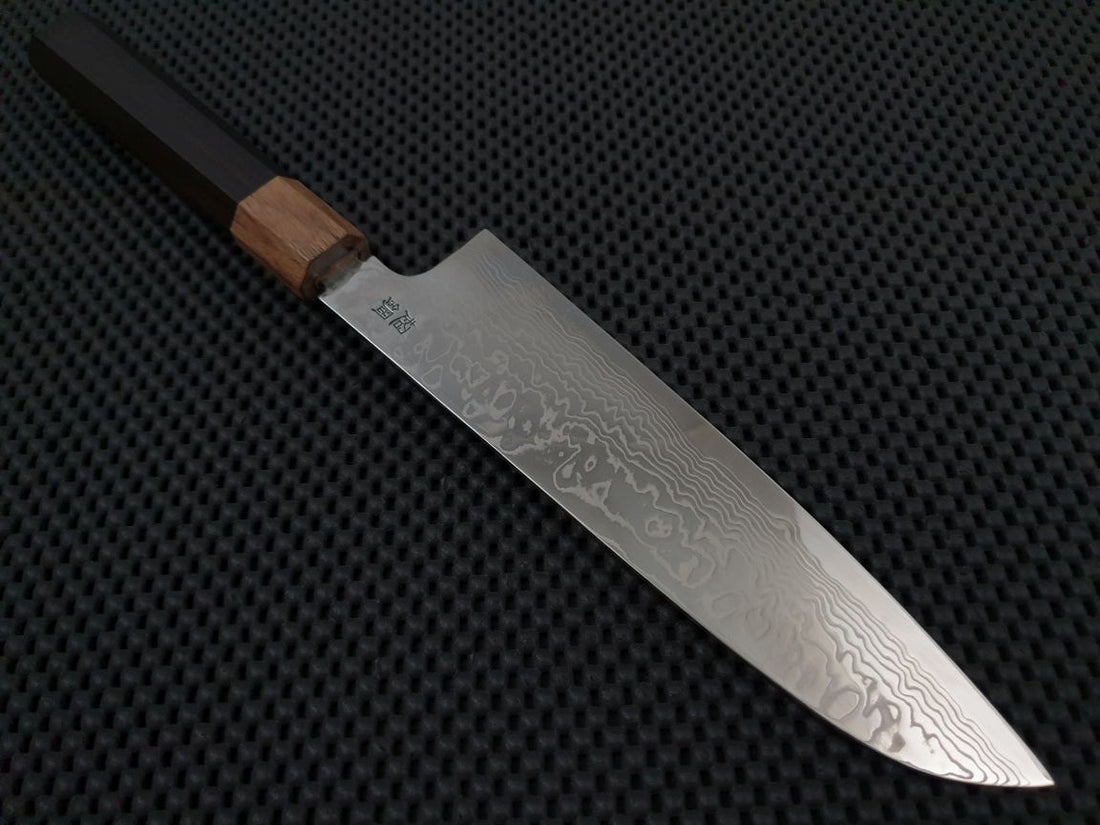 Sukenari ZDP Damascus | 195 Santoku Knife (Ebony) -w/Saya